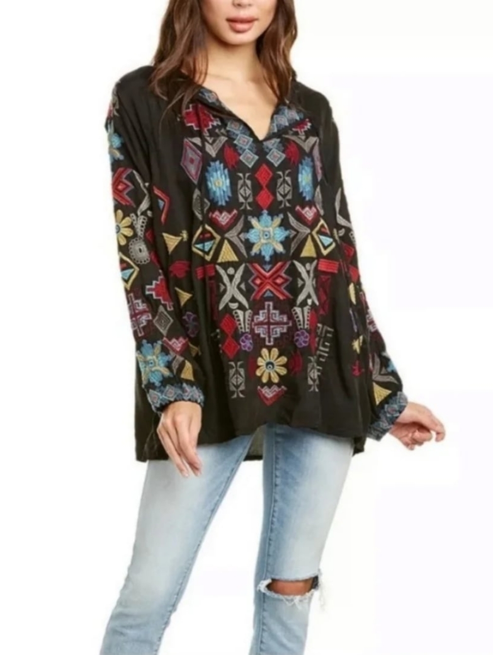 Johnny Was Biya Ziggy Cupra Embroidered Blouse Sz M Navy Boho Artsy Western